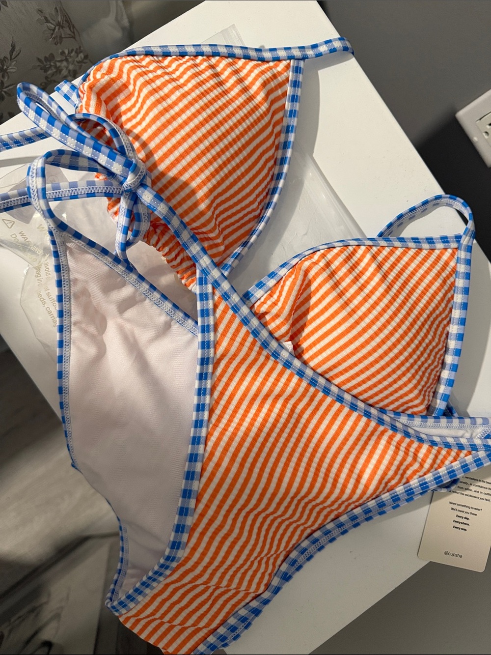 Cupshe Orange Striped Triangle Bikini with Blue Gingham Trim